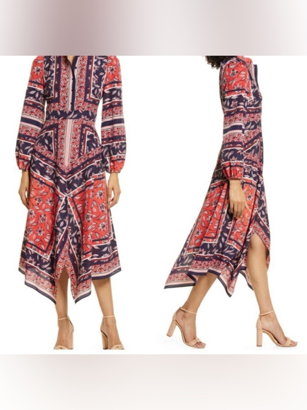 Brand New with tags Vince Camuto Scarf Print Handkerchief Hem Long Sleeve Dress